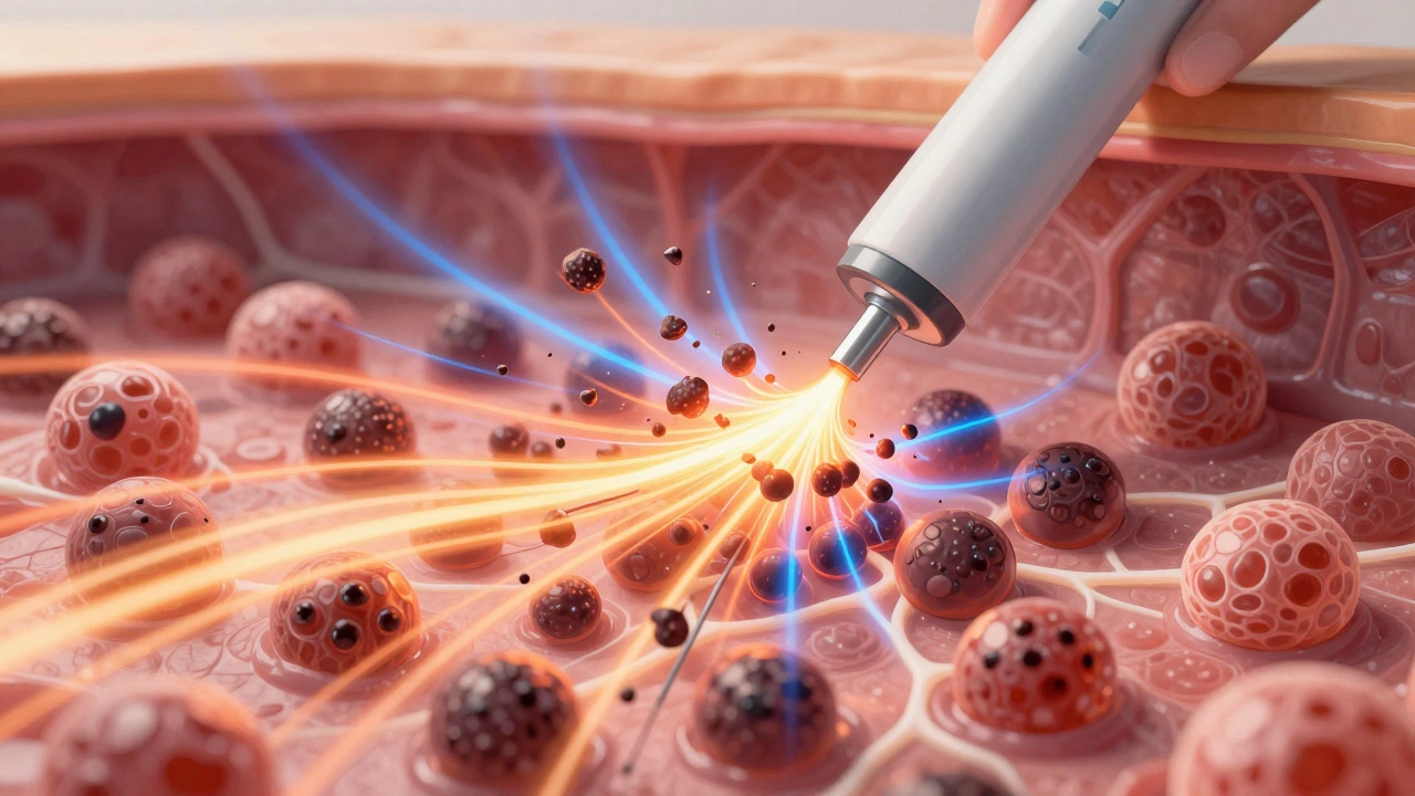 Схематическое изображение разрушения меланина лазерными импульсами внутри кожи, с частицами пигмента, рассеивающимися в дерме.