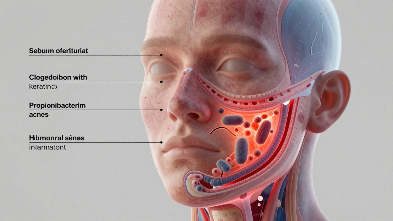 Схематичное изображение кожи с причинами акне: избыток себума, закупорка пор и бактерии.