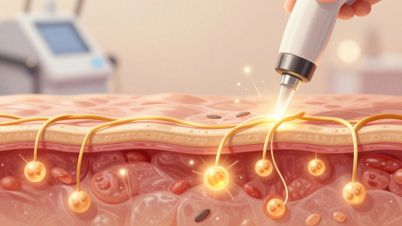 Схематичное изображение восстановления коллагена в коже под действием лазера, золотые волокна.