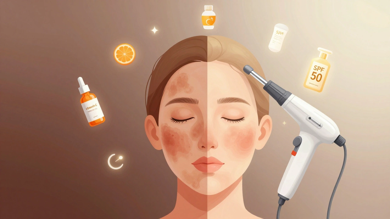 Сравнение двух сторон лица: темные пятна и светлеющая кожа после лечения, вокруг — символы ухода.