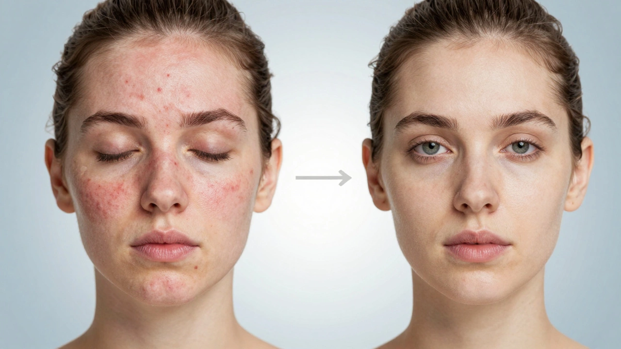 Сравнение кожи до и после лечения акне: слева — воспаление, справа — чистая кожа.