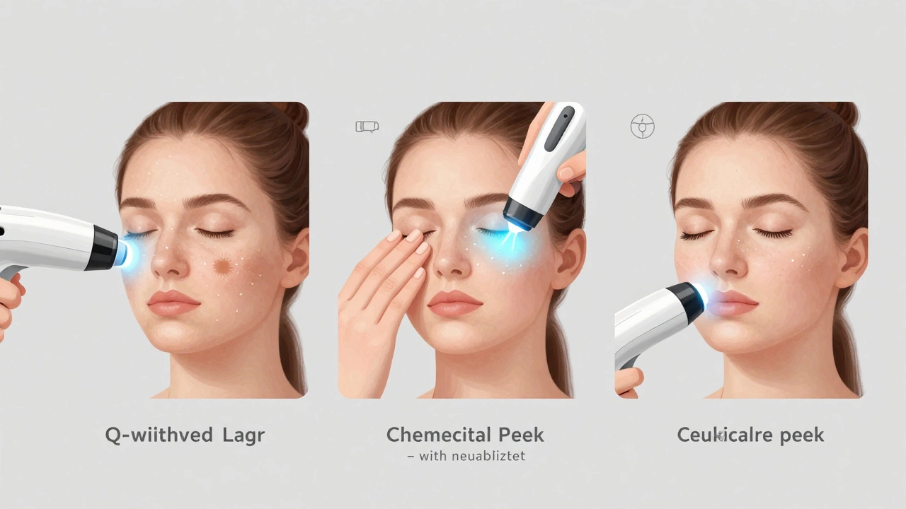 Три косметические процедуры для удаления пигментации: лазер, пилинг и IPL, медицинский стиль.