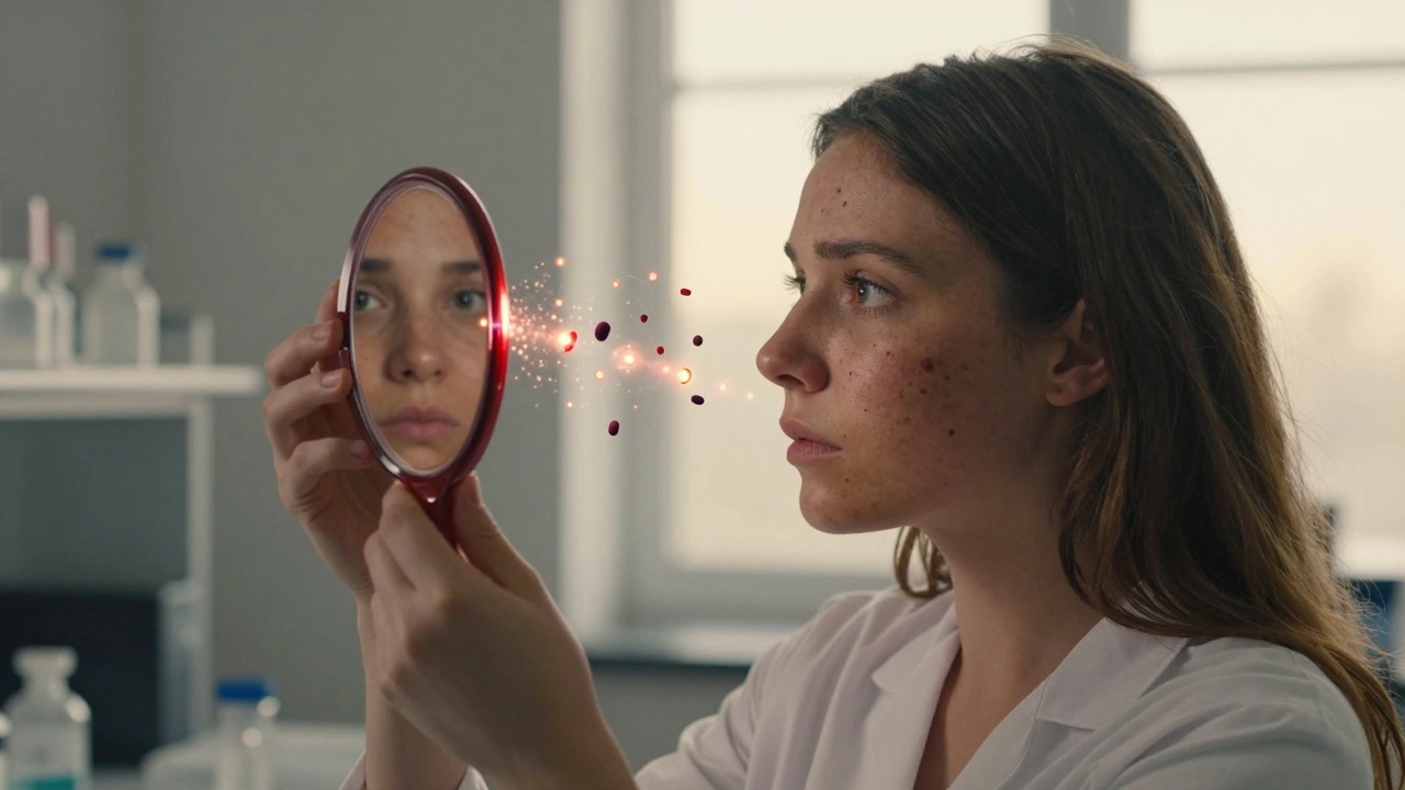 Женщина держит пробирку с кровью, которая отражает её пигментированное лицо, вокруг — молекулы гормонов.