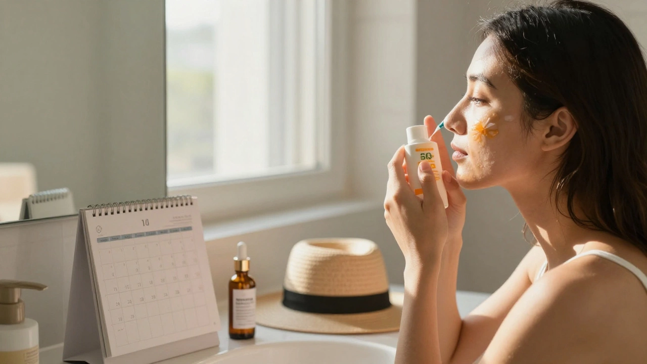 Женщина наносит солнцезащитный крем SPF 50+, её кожа стала светлее после курса инъекций.