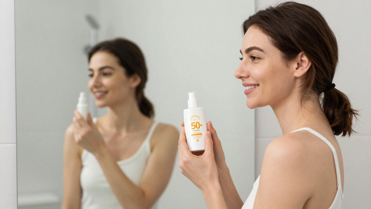 Женщина смотрит в зеркало, держа увлажняющий сыворотку и солнцезащитный крем, подчеркивая заботу о коже.