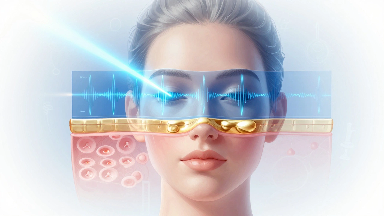 Абстрактное изображение слоёв кожи с лазером, ультразвуком и гиалуроновой кислотой, символизирующее безоперационное омоложение.