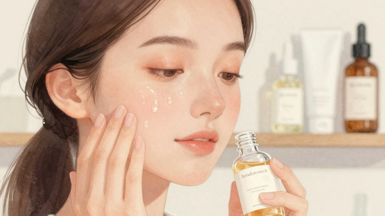 Ближний план: женщина наносит сыворотку с гиалуроновой кислотой на увлажнённую кожу.