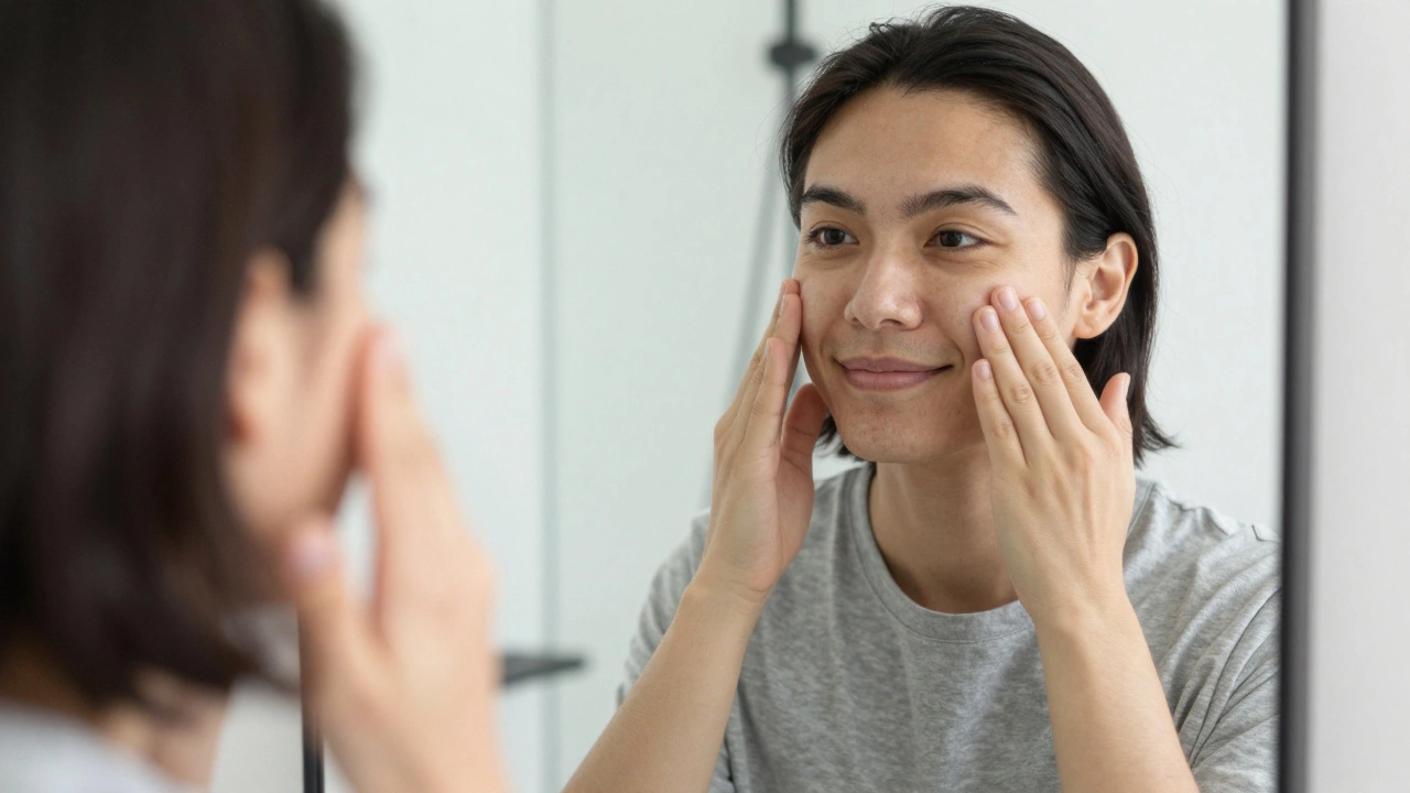 Человек делает лицевые упражнения перед зеркалом