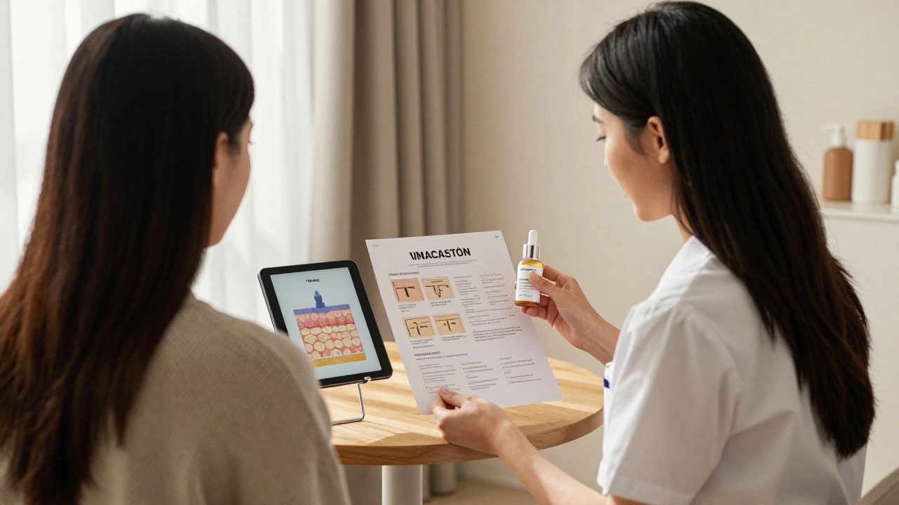 Эстетист объясняет клиенту уход за кожей, показывая анализ состояния кожи и средства по уходу.