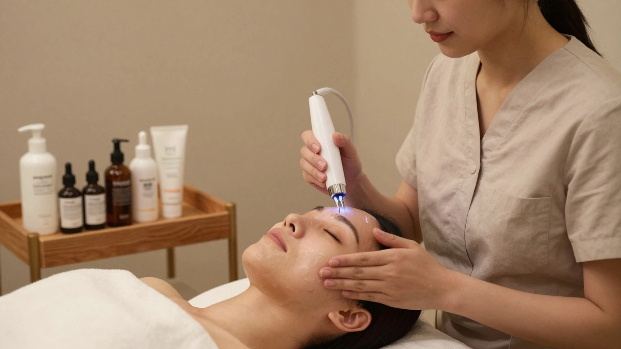 Эстетист проводит очищение лица в салоне с использованием пара и уходовых средств.