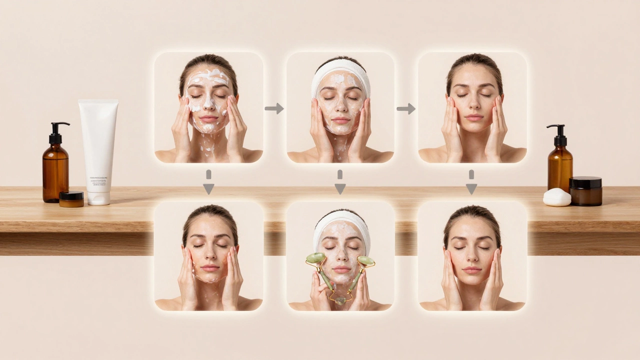 Круговая схема домашнего ухода за кожей: очищение, пилинг, массаж и ретинол — все в минималистичной обстановке.