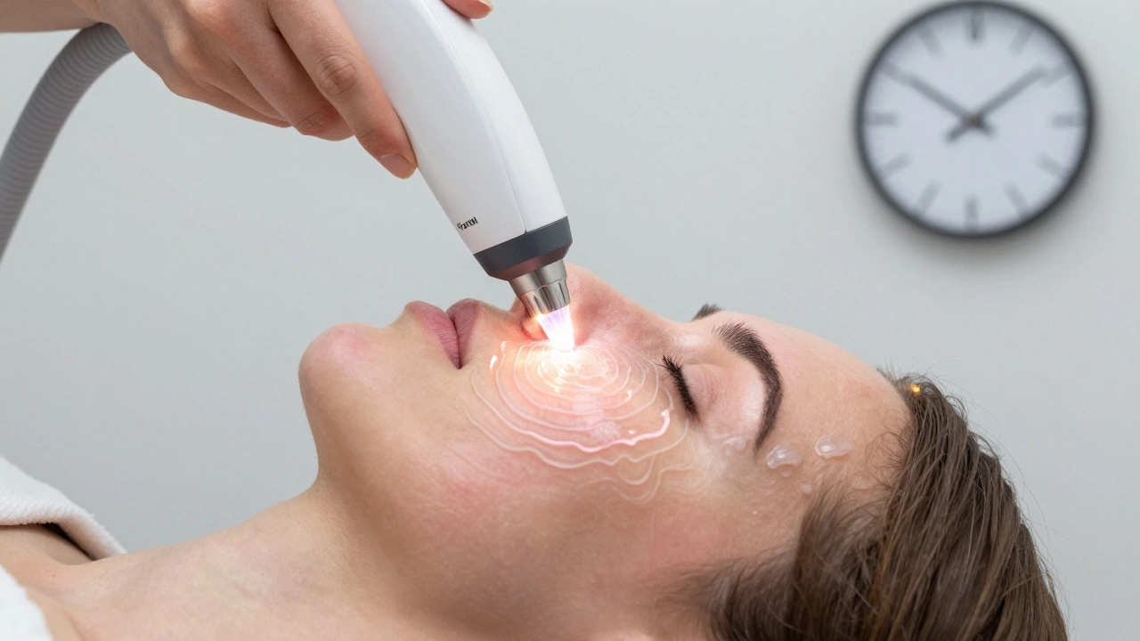 Лазерная шлифовка кожи: лучи воздействуют на лицо, под кожей видны волны регенерации коллагена.