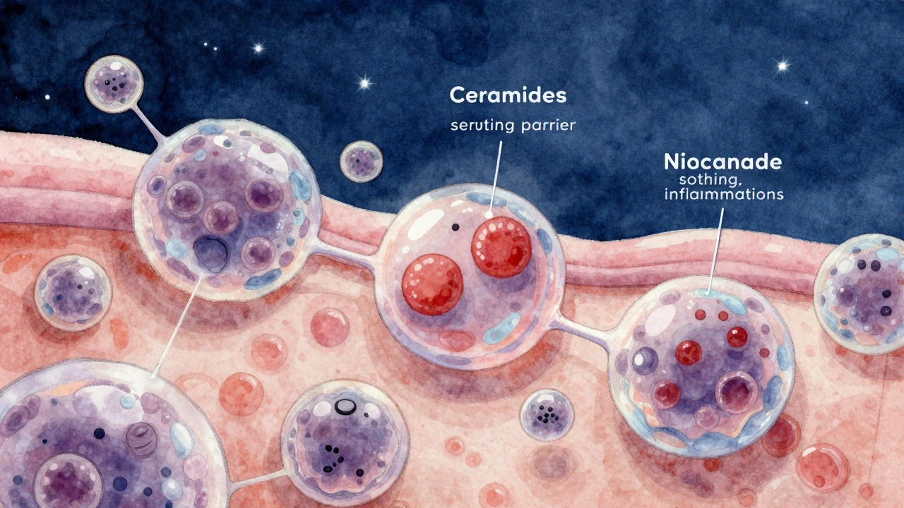 Микроскопическое изображение клеток кожи, восстанавливающихся ночью с участием гиалуроновой кислоты и церамидов.