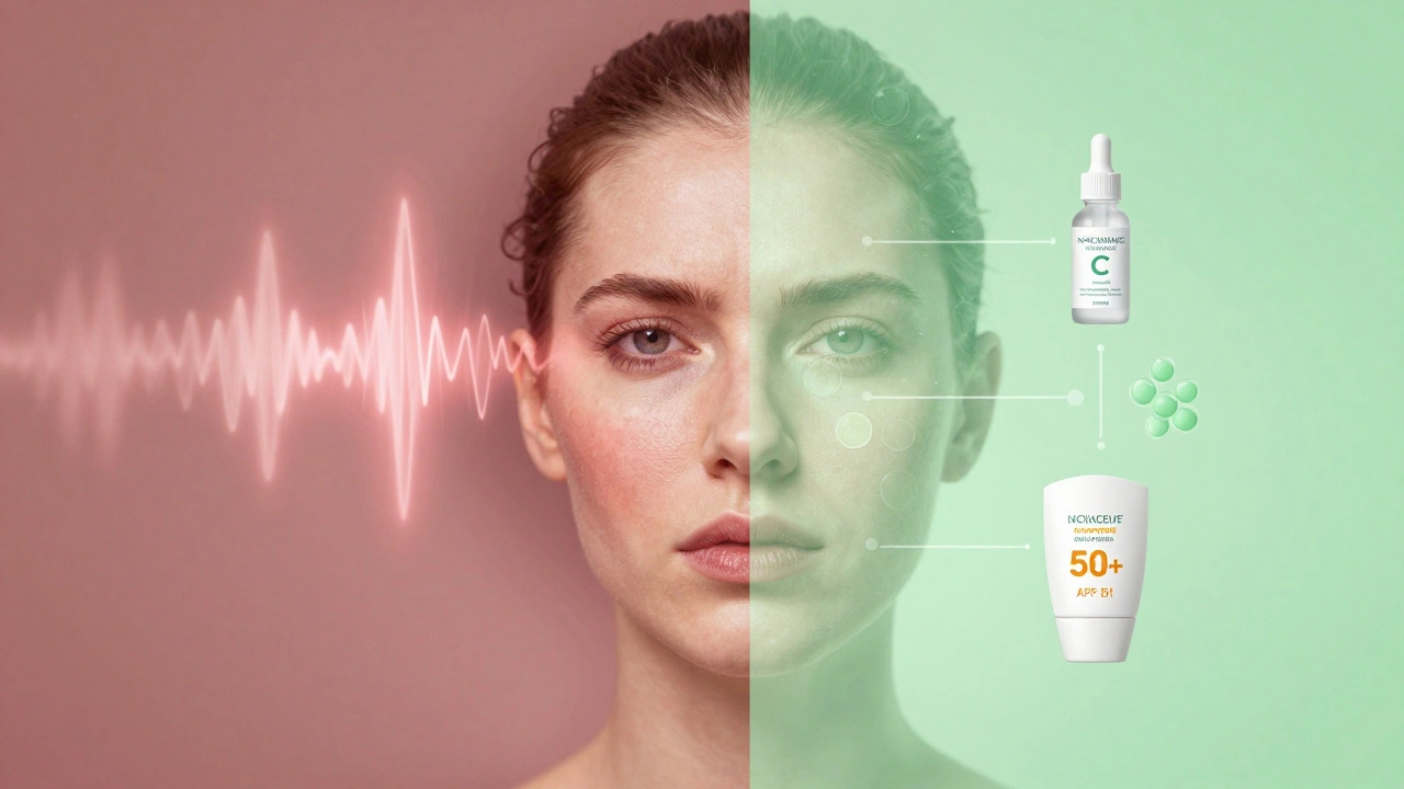 Разделённое изображение лица: одна сторона — раздражение от ультразвука, другая — защита и восстановление.