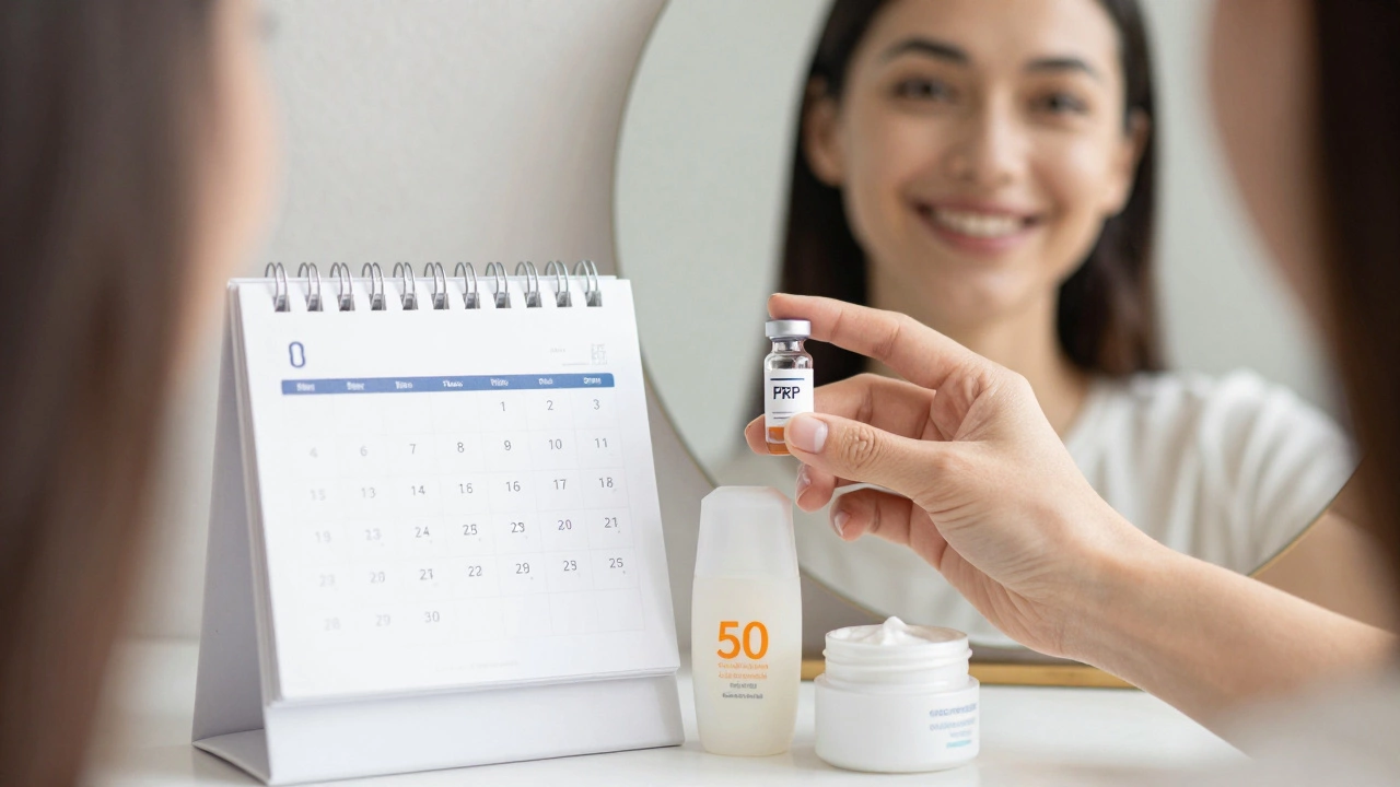 Рука женщины держит сыворотку PRP рядом с кремом и солнцезащитой, в фоне — отражение уверенной улыбки в зеркале.