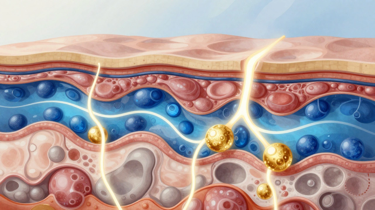 Схематическое изображение слоёв кожи с активными зонами регенерации под воздействием RF и гиалуроновой кислоты.