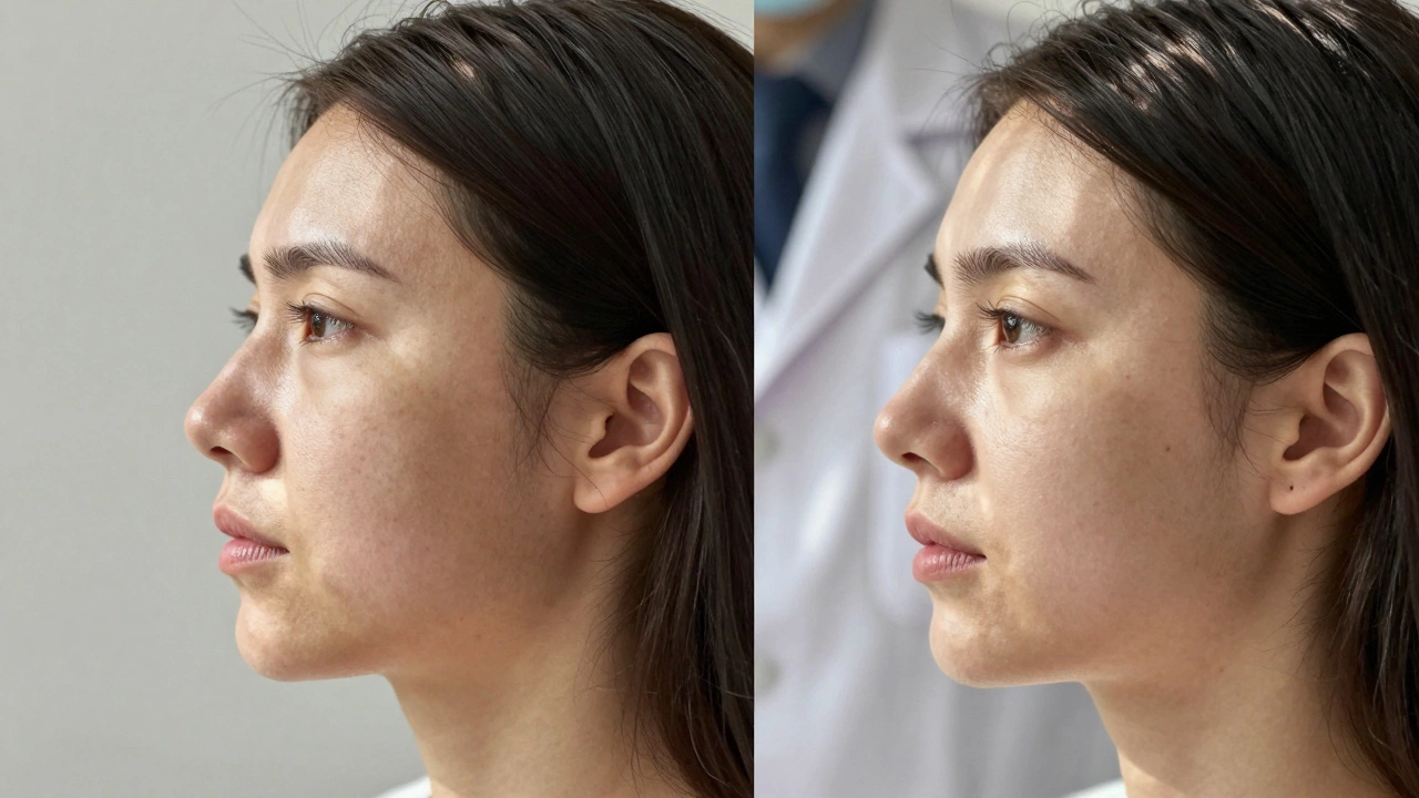 Сравнение профиля лица до и после нехирургического лифтинга: мягкая коррекция контуров без разрезов.