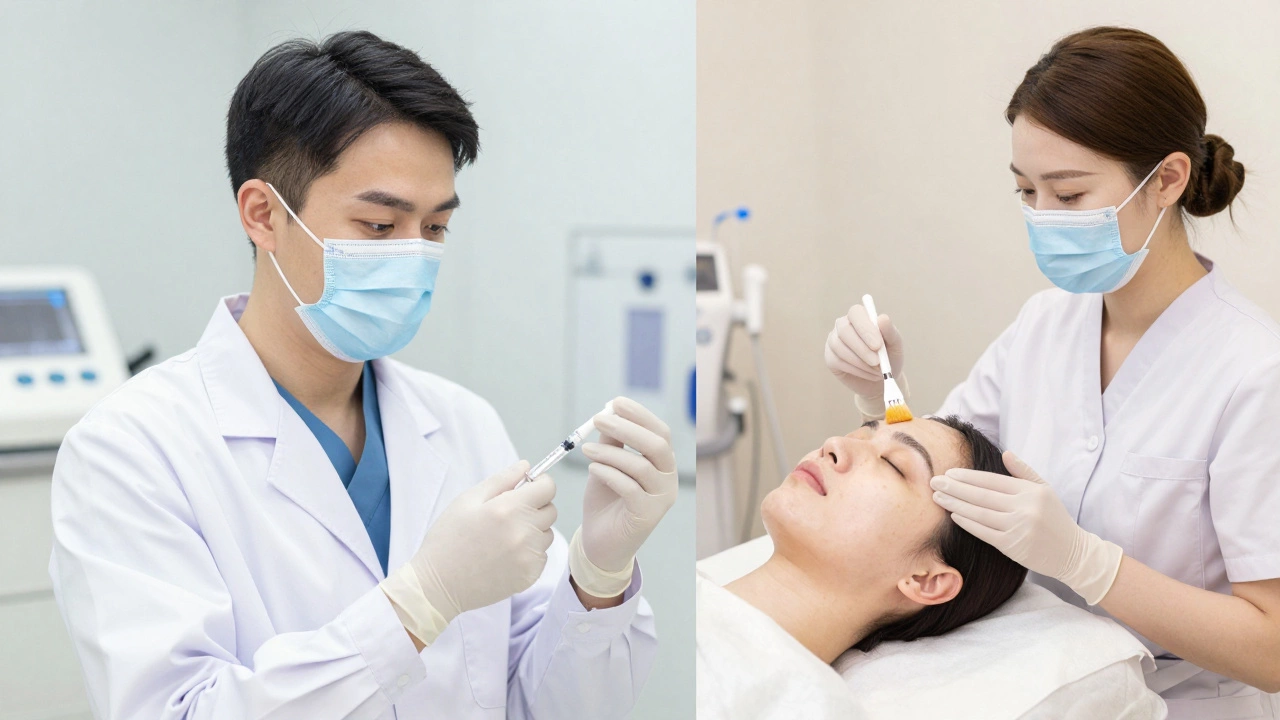 Сравнение работы косметолога и эстетиста: инъекция против ухода с косметикой.