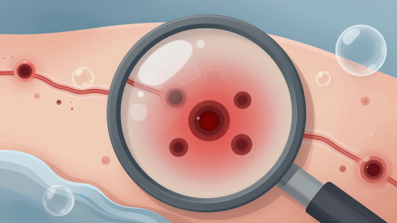 Увеличенный вид кожи с активными меланоцитами и воспалёнными капиллярами, реагирующими на ультразвук.