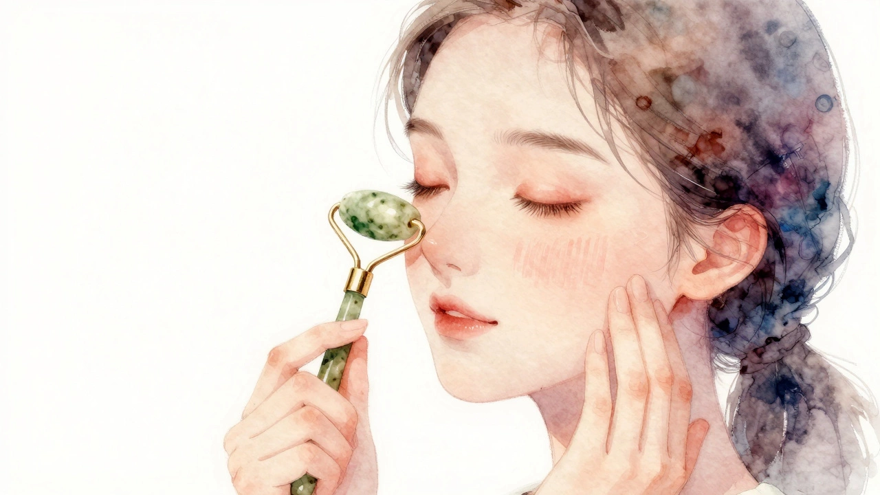 Женщина массажирует лицо нефритовым роликом