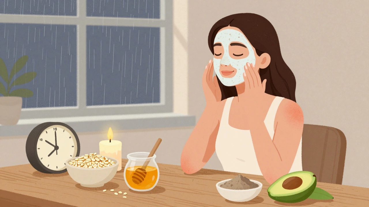 Женщина наносит домашнюю маску из овсянки и мёда, рядом — натуральные ингредиенты на деревянном столе.