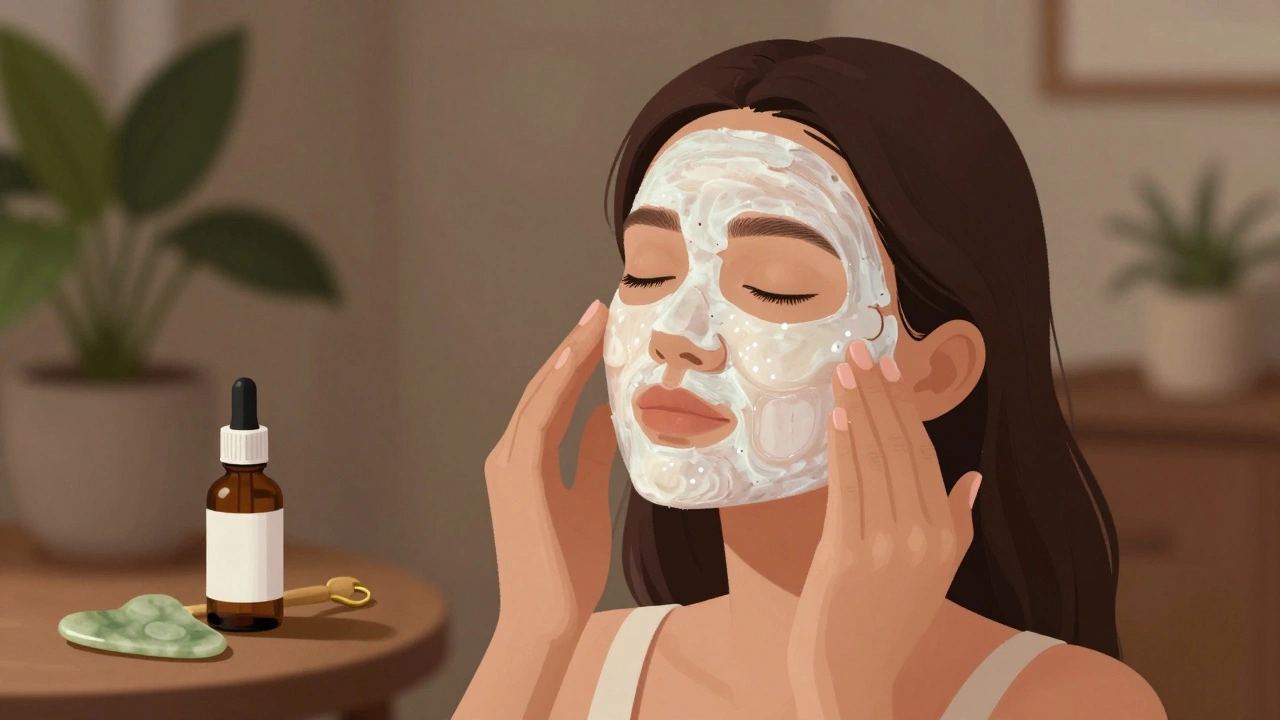 Женщина наносит увлажняющую маску с гиалуроновой кислотой и ниацинамидом, рядом лежит гуаша-камень.