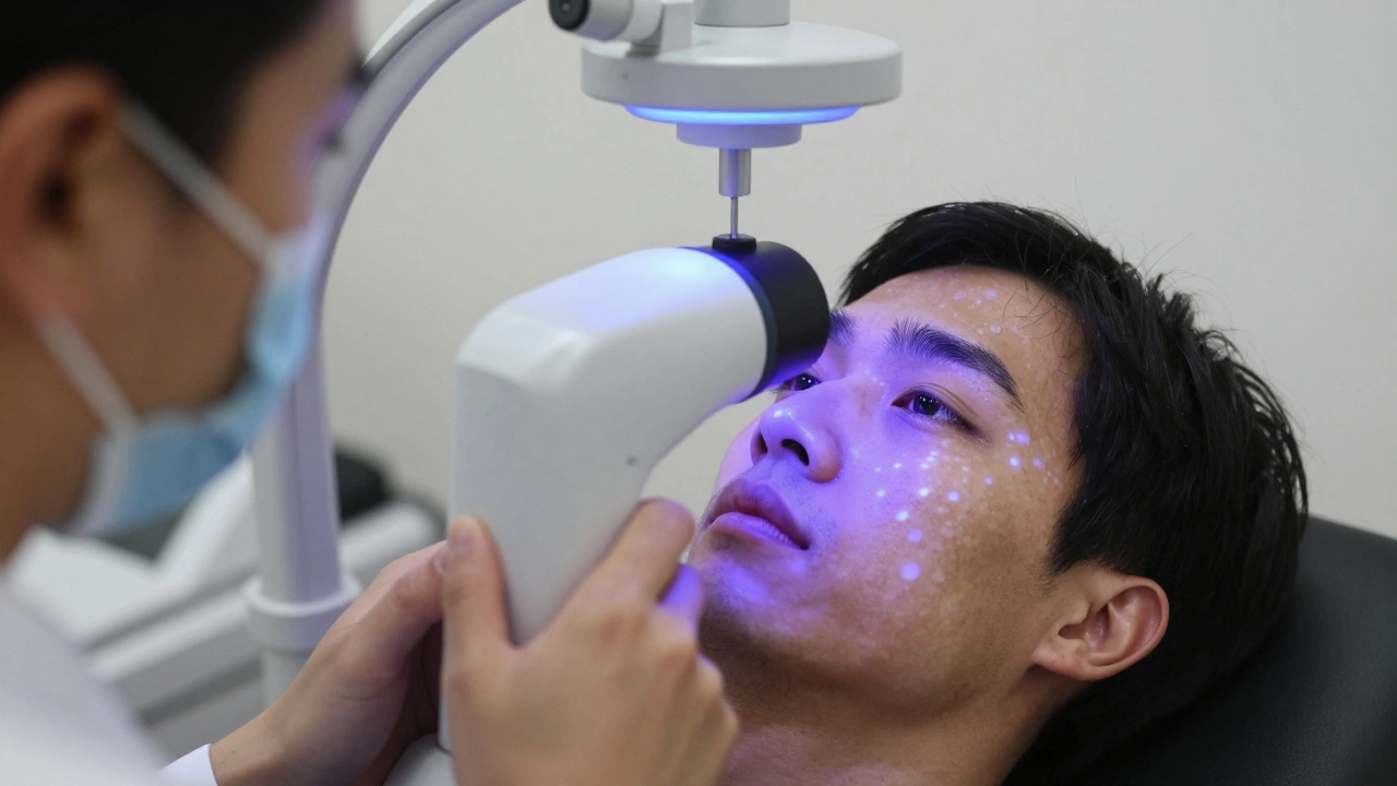 Дерматолог осматривает пигментацию лампы Вуда