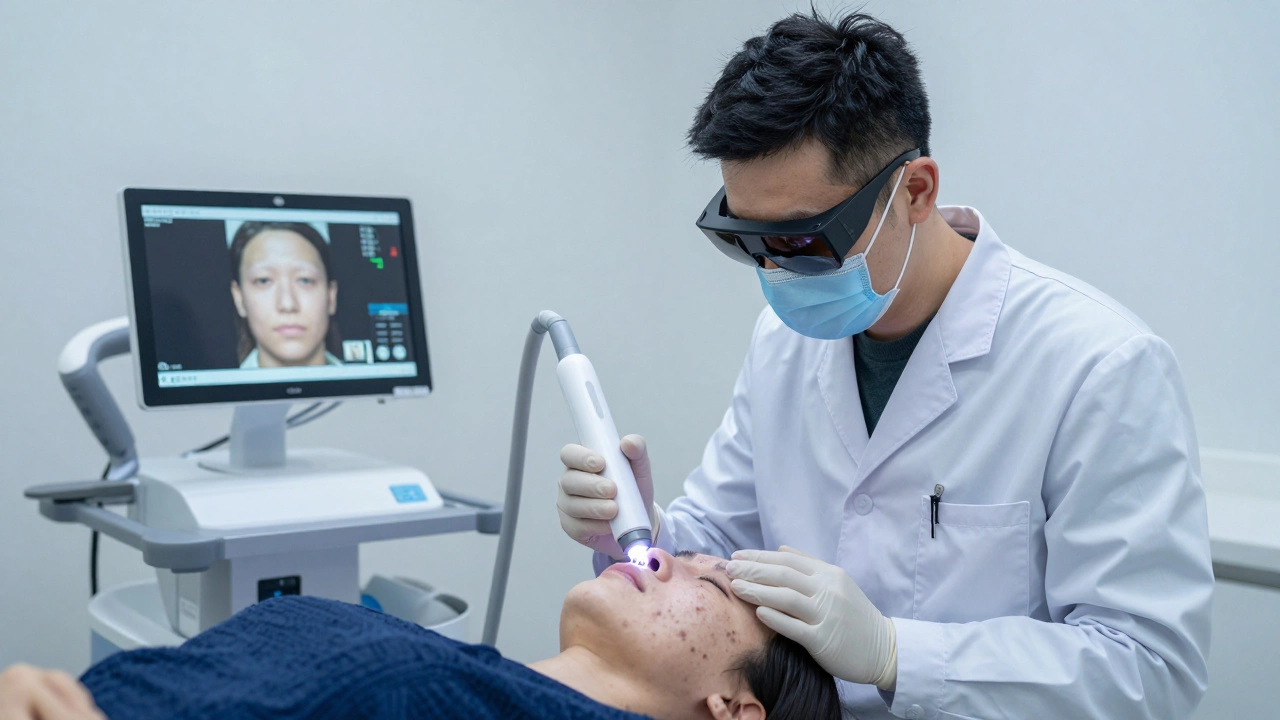 Дерматолог проводит пикосекундную лазерную процедуру для удаления пигментации.