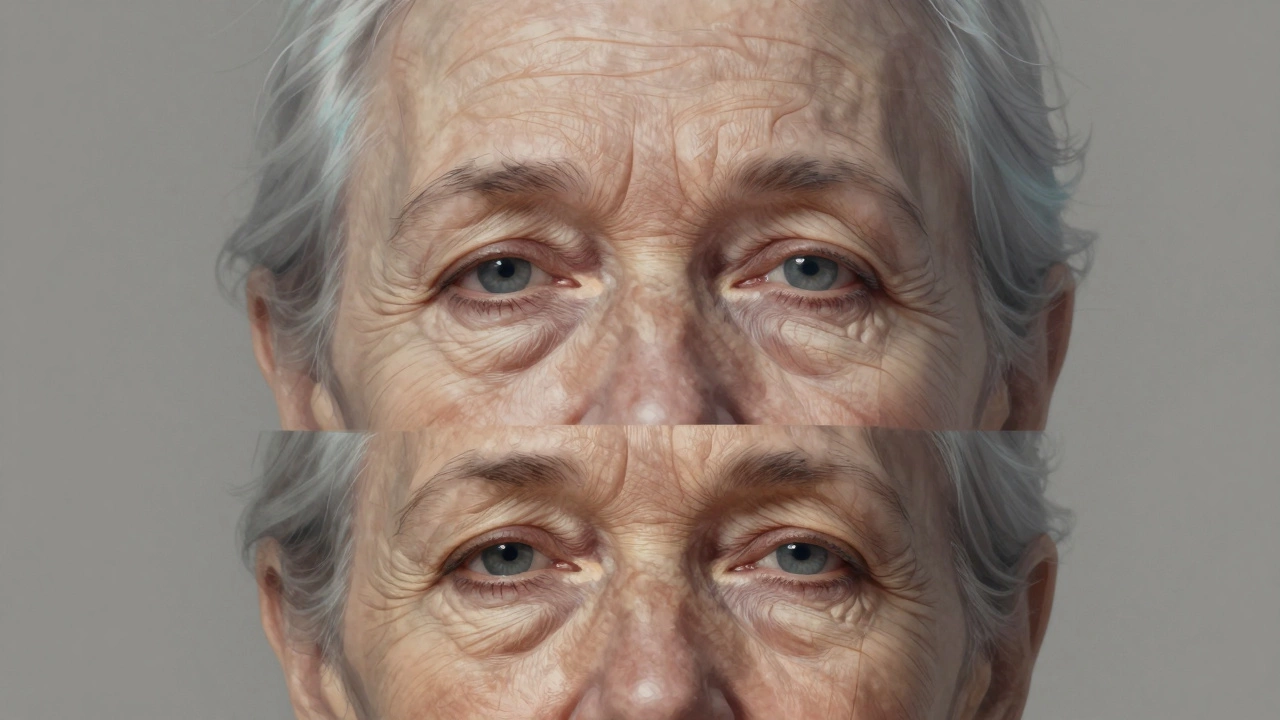 Художественное изображение стареющего лица с прозрачными слоями: парализованные мышцы, утраченный коллаген и видимые морщины.