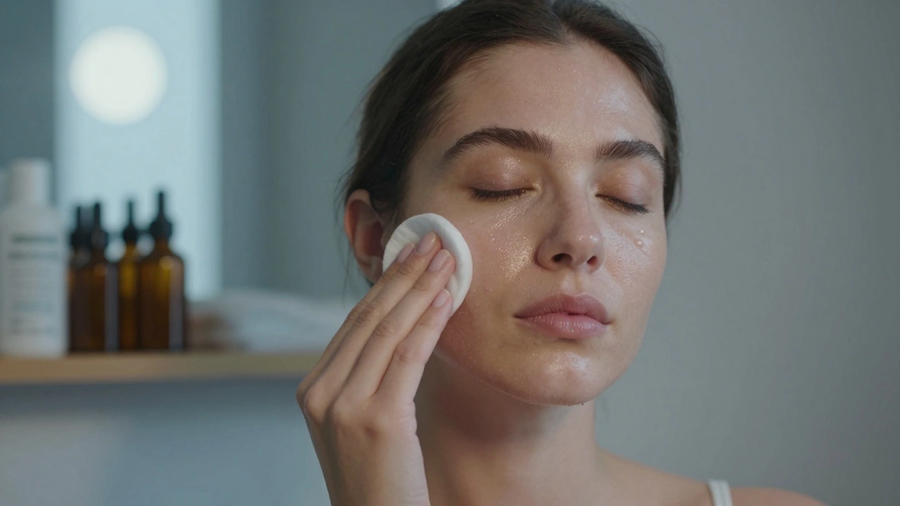 Лицо после очищения и протирания тоником, кожа сияет, виден ватный диск с легкими движениями.