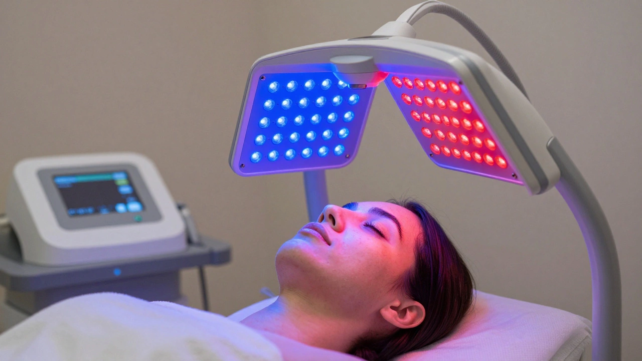 Пациент проходит сеанс сине-красной световой терапии от акне.