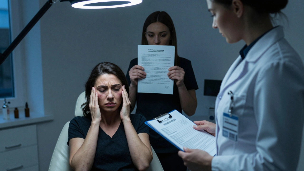 Пациентка с повреждённой кожей и косметолог 5-го разряда, входящий с документами, на фоне скрывающегося сотрудника низкого разряда.