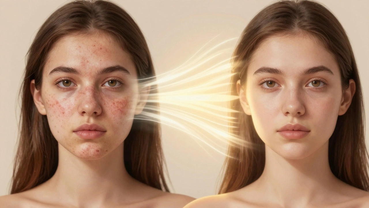 Преображение кожи: до и после лазерной терапии с акне, покраснениями и пигментацией.