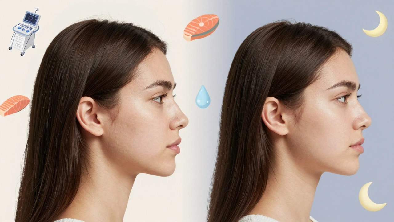 Профиль лица: одна сторона — слегка провисшая кожа, другая — подтянутая, за счет ухода, питания и сна, символы рыбы, капли воды и луны в фоне.