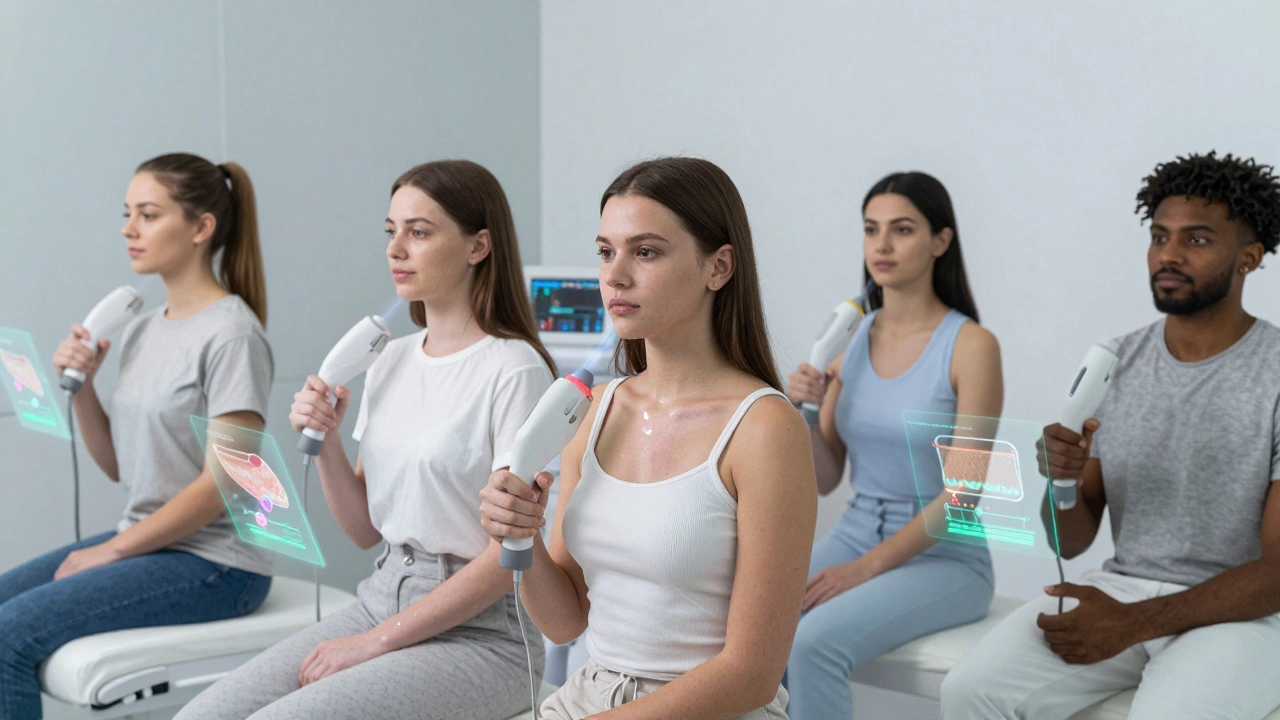 Разные люди получают лазерную косметологию для волос, шрамов и пигментации.