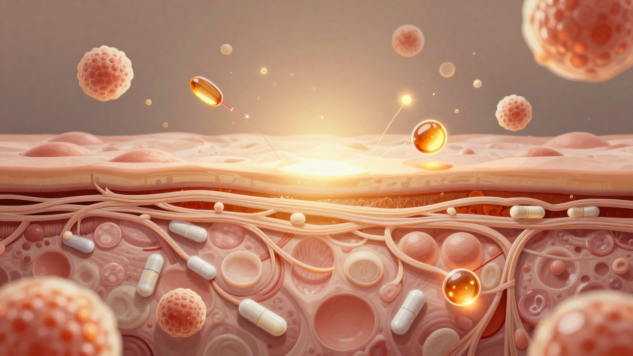 Разрез кожи: старые коллагеновые волокна превращаются в плотные, активированные пептидами и витамином С, теплые золотистые тона.