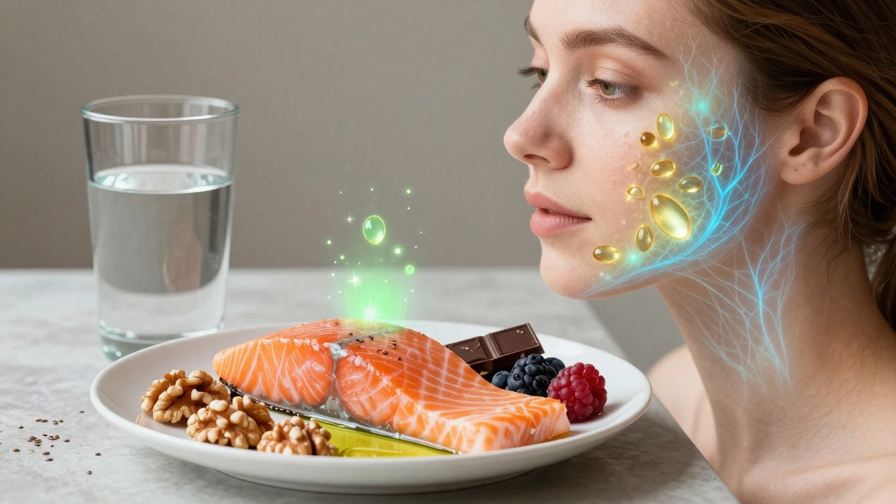 Тарелка с лососем, орехами и ягодами рядом с лицом, где питательные вещества визуализируются как светящиеся потоки внутри кожи.