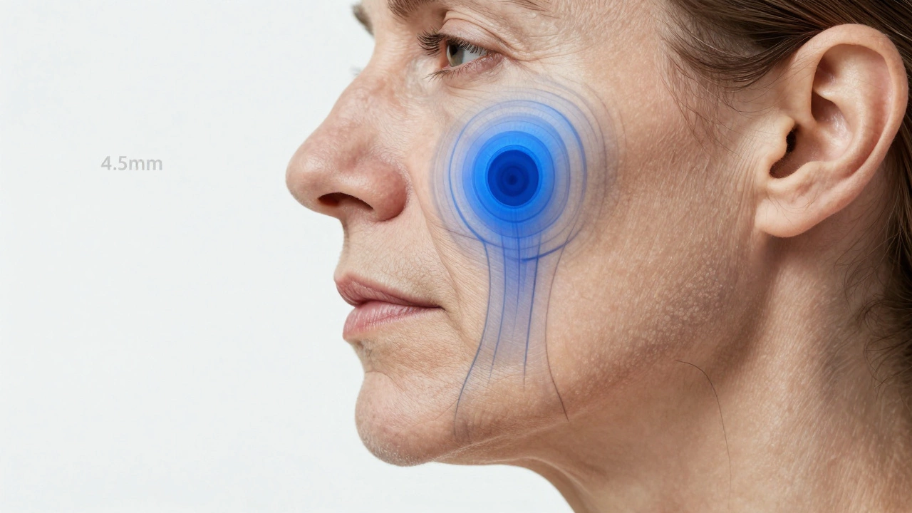 Ультразвуковой лифтинг восстанавливает структуру кожи на глубине 4,5 мм, визуализировано как синие волны под кожей.