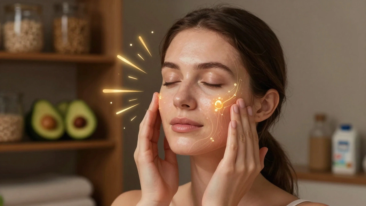 Женщина делает легкий массаж лица пальцами, движения от носа к щекам, кожа светится от улучшенного кровотока.