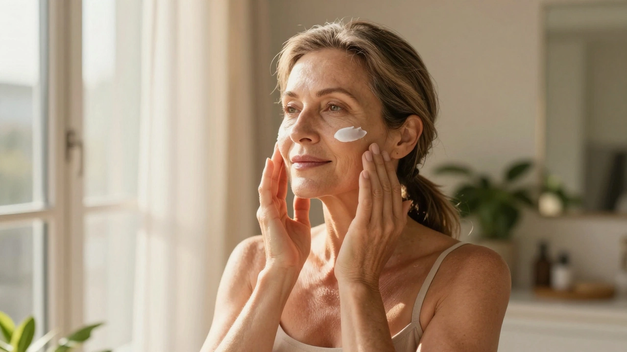 Женщина наносит крем при утреннем солнечном свете