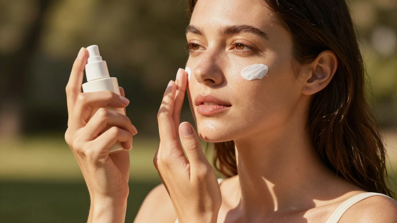 Женщина наносит солнцезащитный крем на лицо
