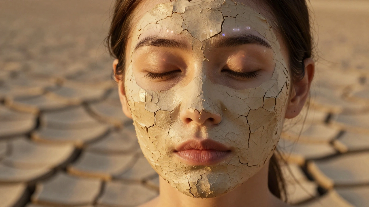Женское лицо частично покрыто треснувшей глиняной маской, с глубокими морщинами вокруг рта, подчеркнутыми золотистым светом.