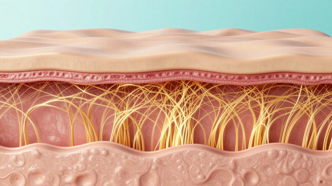 3D-иллюстрация структуры зрелой кожи с дефицитом коллагена и птозом