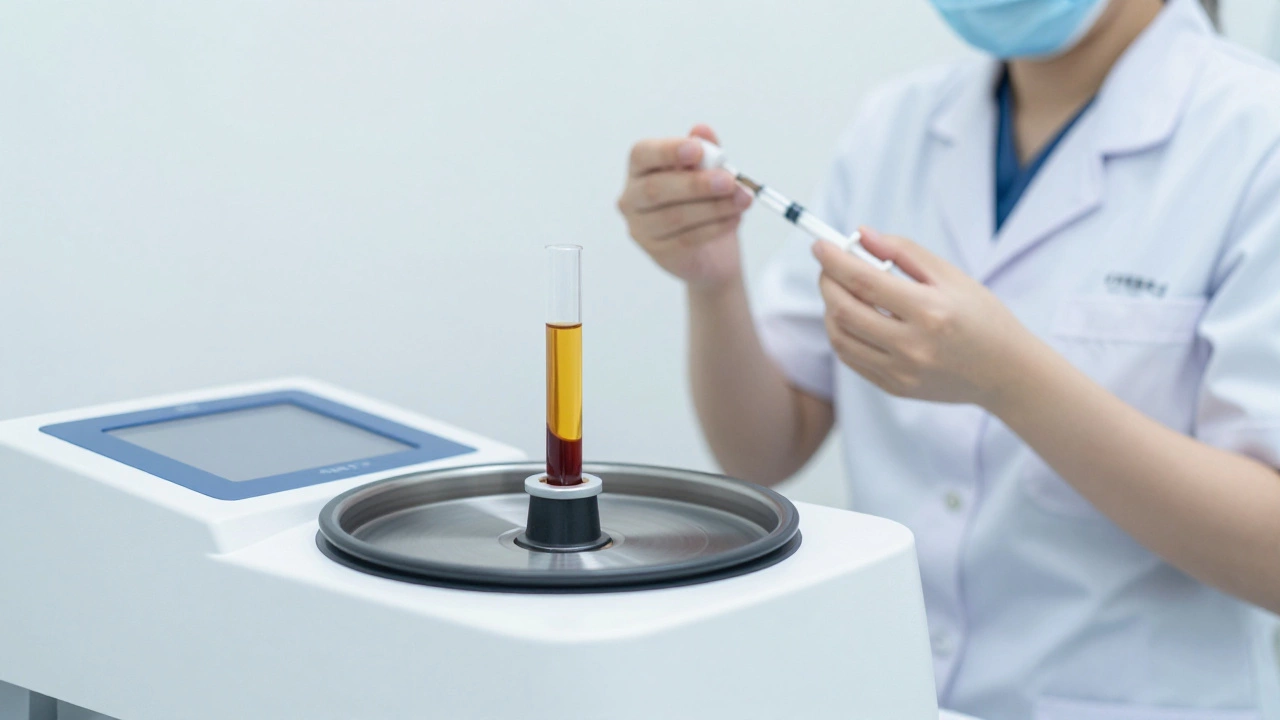 Центрифуга в клинике, разделяющая кровь на фракции для получения золотистой плазмы