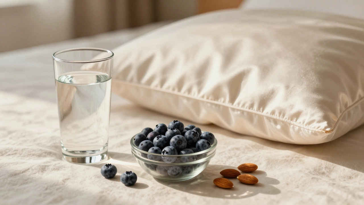 Натюрморт со стаканом воды, орехами и шелковой наволочкой для здоровья кожи