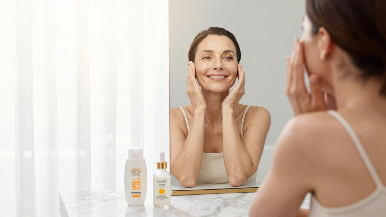 Счастливая женщина с упругой кожей лица перед зеркалом с средствами ухода
