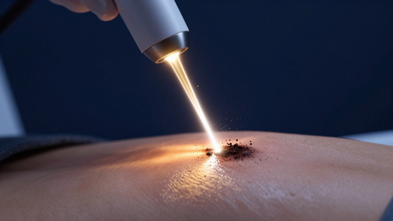 Схематичное изображение воздействия лазерного луча на пигментное пятно в коже