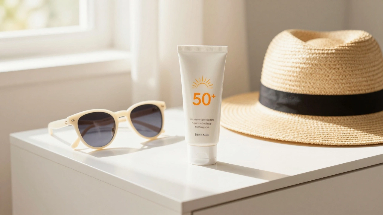 Солнцезащитный крем, шляпа и очки на столе как средства защиты кожи от солнца