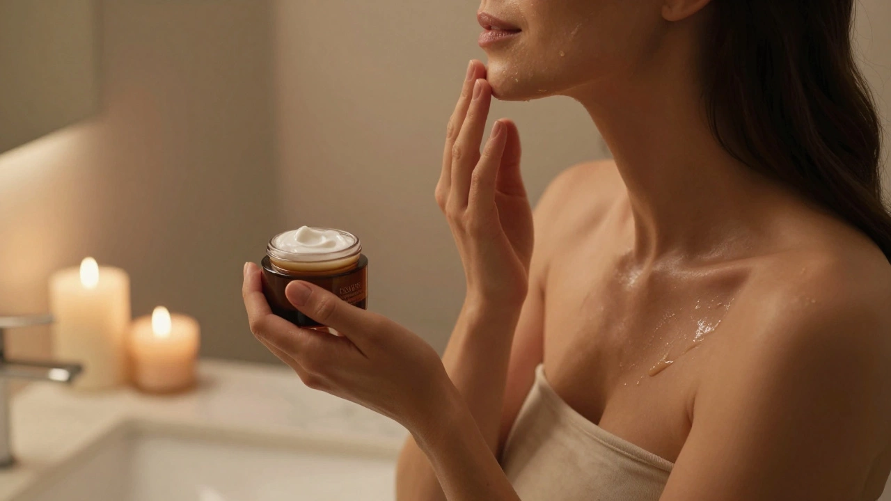 Женщина наносит антивозрастной крем на лицо, шею и зону декольте